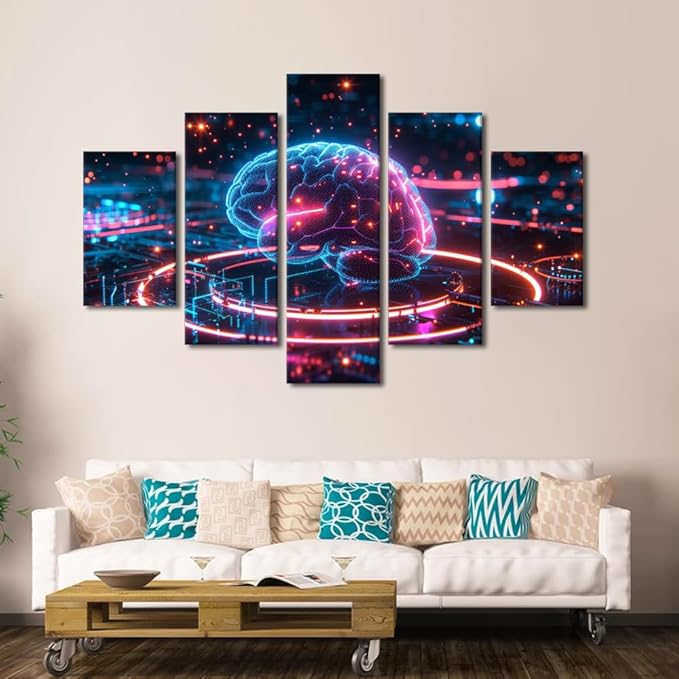 TUMOVO 5 Panel Digital Brain Wall Decor for Living Room Science and Technology Canvas Printing Wall Art Neural Networks Pictures for House Wall Decorations for Bedroom Modern Print 60" Wx40 H