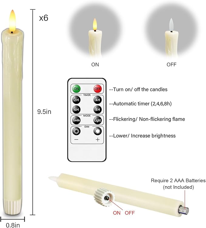 Lezonic Flameless Taper Candles with Remote Timer, Real Wax Battery Operated Flickering LED Fake Candles for Dining Table Centerpiece Wedding Christmas Mantel Decor, 0.8 x 9.5 inch
