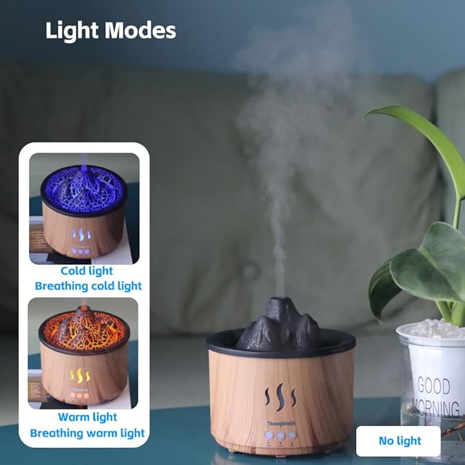 Volcano Essential Oil Diffuser & Humidifier for Bedroom, 400ml Cool Mist Aromatherapy Diffuser with 5 Night Light Modes, Small Ultrasonic Quiet Humidifier for Office, 36H Ultra-Long Time, Volcano Lamp