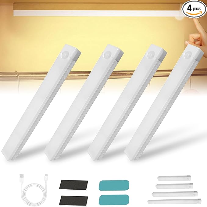 4/8Pack Punch-Free Smart Sensor Magnetic Rechargeable Led Lights,Under Cabinet Lights,Home Motion Sensor Light Indoor (4PCS Warm Light,10cm/3.9in)