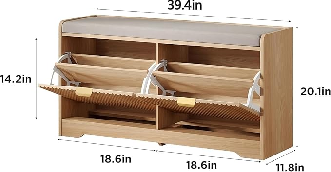 Maupvit Fluted Shoe Bench with 2 Flip-Drawers, 39.4" Narrow Entryway Bench with Shoe Storage and Seat Cushion, Adjustable Shelf, Hidden Shoe Rack Bench for Front Door Entrance, Hallway, Natural