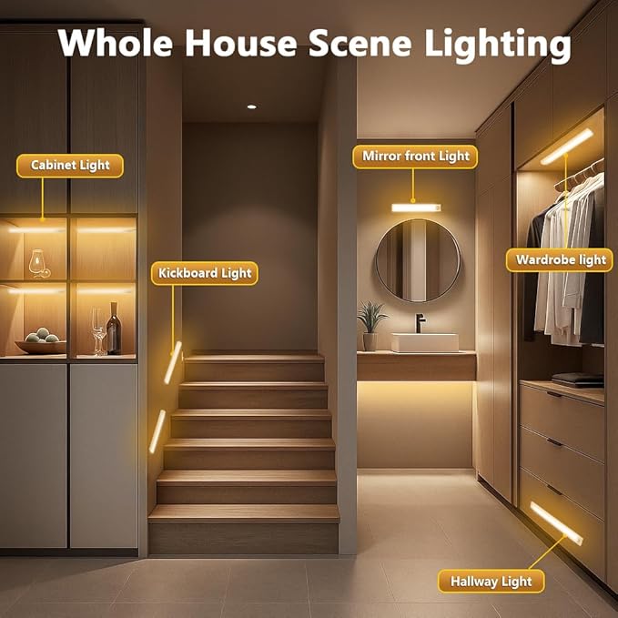 10inch Under Cabinet Lighting, 68 LED Rechargeable Motion Sensor Light Indoor, 6 Levels Dimmable Magnetic Closet Lights, Wireless Under Counter Lights for Kitchen, Stairs, Bedroom, 2-Pack Warm Light