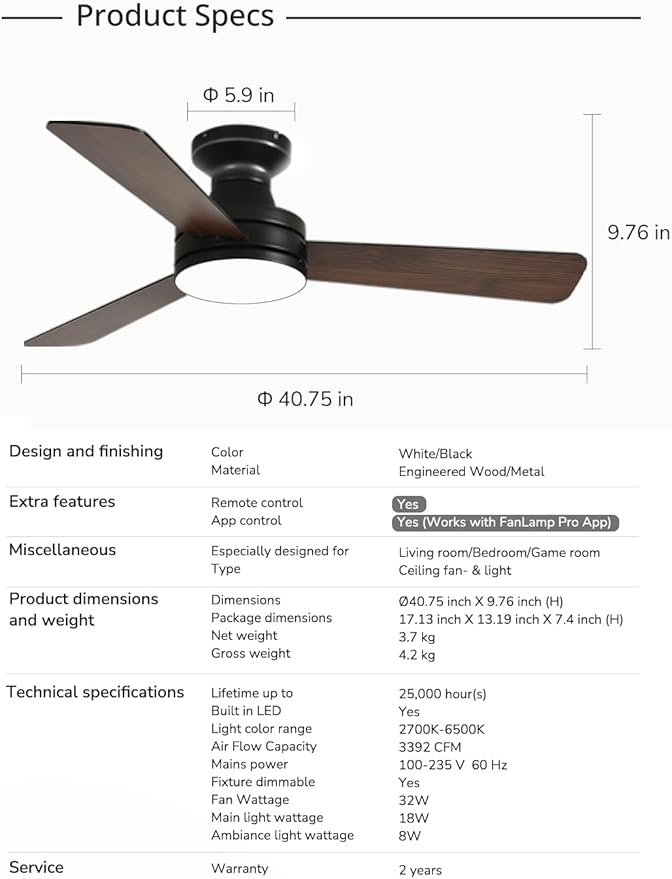 Orison Ceiling Fans with Lights 42 Inch, Low Profile Flush Mount Ceiling Fan, RGB Backlight & Dimmable Lighting, Remote & App Control, 6 Speeds, 3 Reversible Blades, Black/Wood