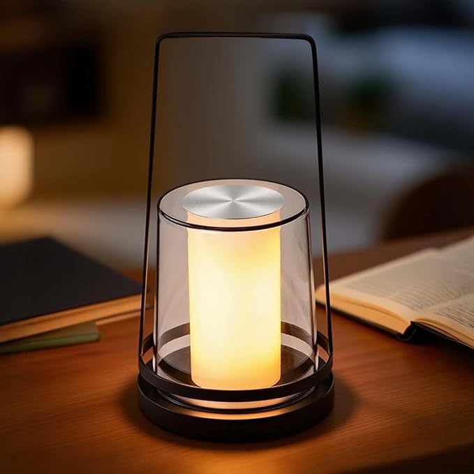 Black Touch Table Lamp with Dynamic Flame Effect - Portable, Rechargeable Bedside Lamp, Tap for Flickering Fire & Candle Light Modes, Dimmable for Bedroom, Camping, Gifts