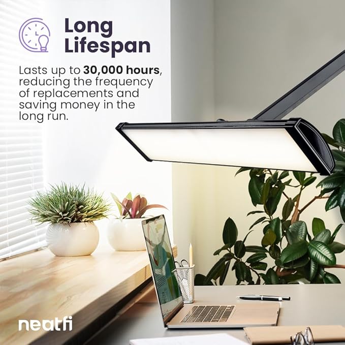 Neatfi 3,500 Lumens LED Desk Lamp – 45W Dimmable Task Light | 3 Light Modes | 540 SMD LEDs | Touch Control | 26-Inch Wide Metal Shade | Reading, Craft, Workbench & Office (CCT with Base, Black)