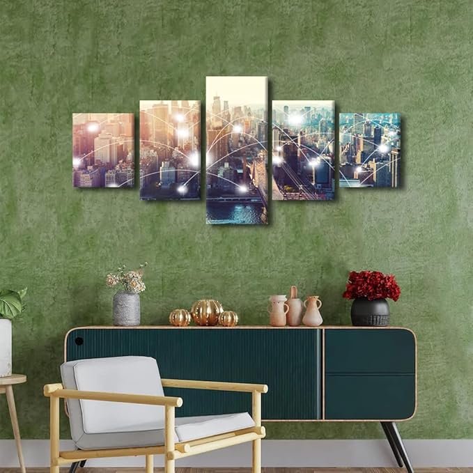 New York City Landscape 5 Panel Canvas Wall Art Urban Skyline Picture Energy Digitalization Poster Decorate Native Americans Home Decoration for Living Room and Office Decorate Artwork 50x24 Inch