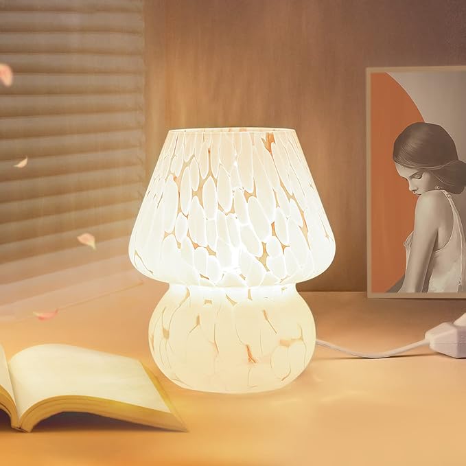 ONEWISH Cute Mushroom Lamp Small Bedside Table Lamp Set of 2 Stepless Dimmable, Translucent Glass White Nightstand Lamp for Bedroom Dorm Kids Room Living Kitchen, Murano Aesthetic Home Decor