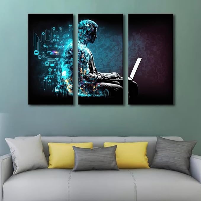 AI Poster Wall Art for Bedroom 3 Piece Computer Processor Canvas Printing Posters for Office Home Wall Decoration Wooden Framed and Stretched Ready to Hang, 60" Wx40 H