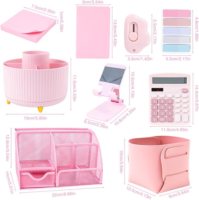 Pink Desk Organizers and Accessories with Desk Organizer 360° Rotating Pen Holder and Office Supplies, Cute Stationery Supplies Set
