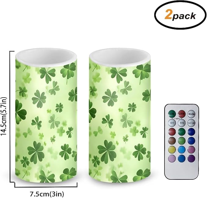 Green Leaves Candles Battery Operated Flameless Candles with Remote Fall Decorations LED Fake Candles for Home Bedroom St Patricks Day Table Decor 3 inch Set of 2
