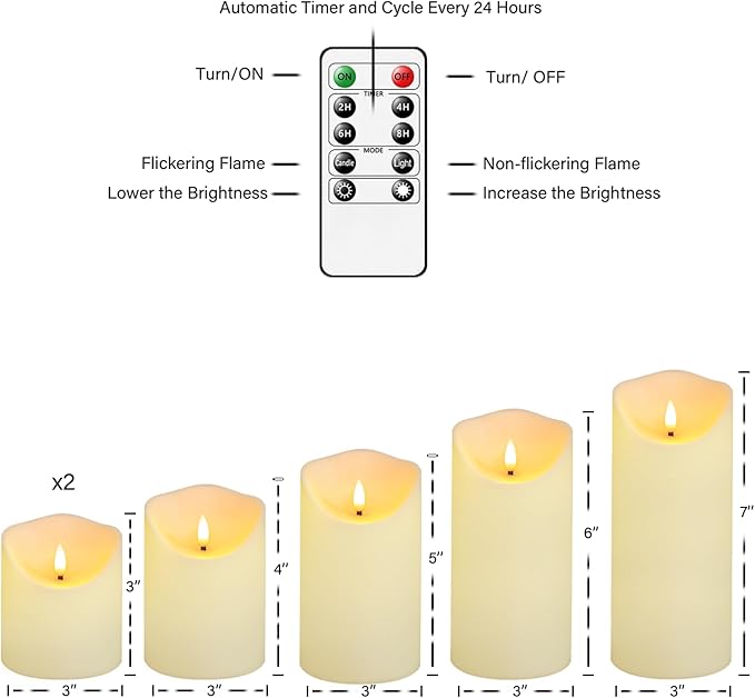 Fo32won Flameless Flickering Candles with Remote Timer, Set of 6 Ivory Led Battery Operated Candles for Home Decor Xmas Halloween (D3 x H3 3" 4" 5" 6" 7")