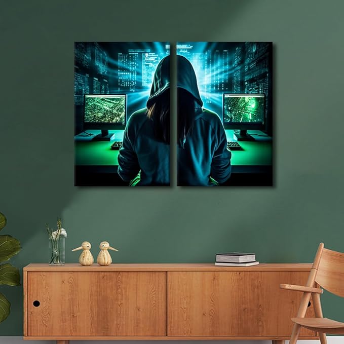 Big Data Wall Decor Hacker Malware Home Decorations for Living Room Wall Art Paitings Pictures Canvas 3 Pieces Modern Artwork Framed Gallery-Wrapped Ready to Hang, 24" Wx16 H