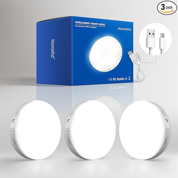 Homelist 3 Pack Motion Sensor Lights Indoor, Rechargeable Wireless LED Puck Lights, Battery Operated Motion Sensor Night Light for Closet, Stairs, Kitchen, Cabinet, Toilet