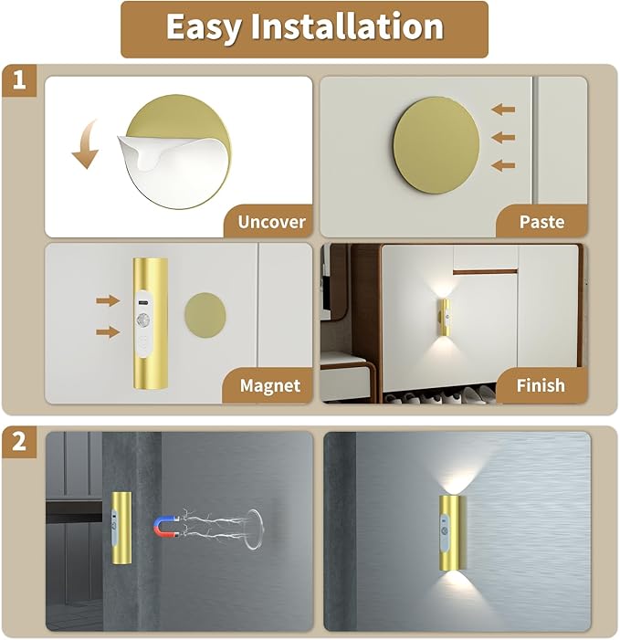 WOBSION Motion Sensor Wall Light with Remote Control, Rechargeable Wireless Wall Sconce, Brightness Adjustable, 3 Color Mode,Indoor Lamp for Hallway, Bedroom,Picture,LED,Gold,2 Pack