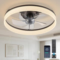 20'' Ceiling Fan with Light,Low Profile Flush Ceiling Fan, 6 Speeds, Dimmable LED, Remote Control, Quiet DC Motor, Bladeless Flush Mount Fixtures for Bedroom, Living Room,DM104-H Black