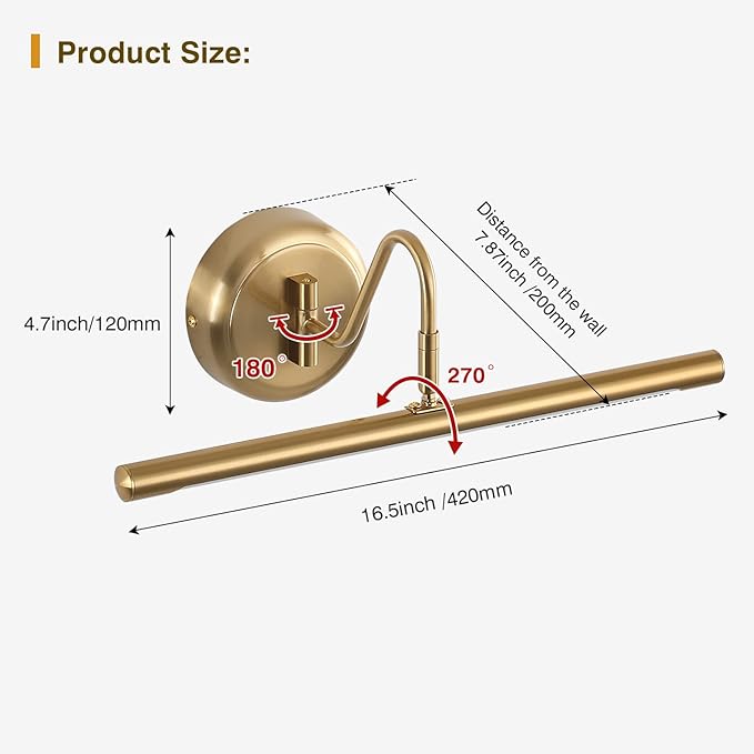 JOOSENLUX Dimmable Picture Lights - Modern 7W LED Wall Sconces for Paintings, 16.54" Long, 3000K Warm Light, Brass Golden Finish - Indoor Hallway Lighting Fixtures with Hard-Wired Connection