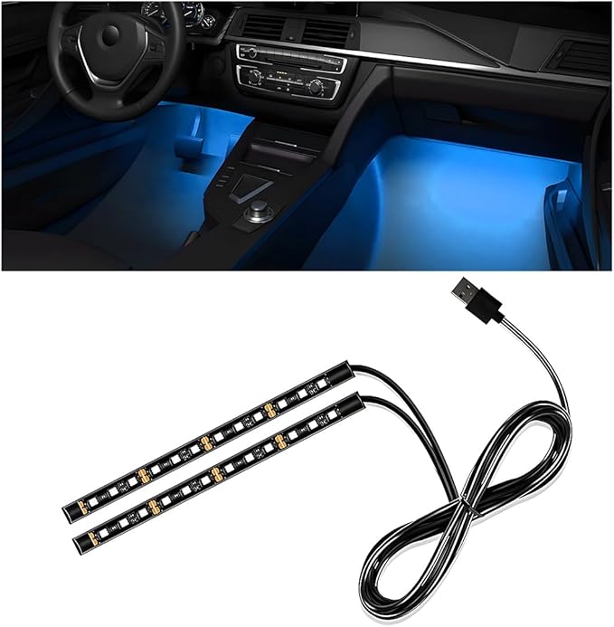 Car Interior LED Strip Light, 12V 24 LED Waterproof Neon Ambient Night Light with USB Port, Automotive Atmosphere Decorative Under Dash Lighting Kit, Car Accessories (Ice Blue)