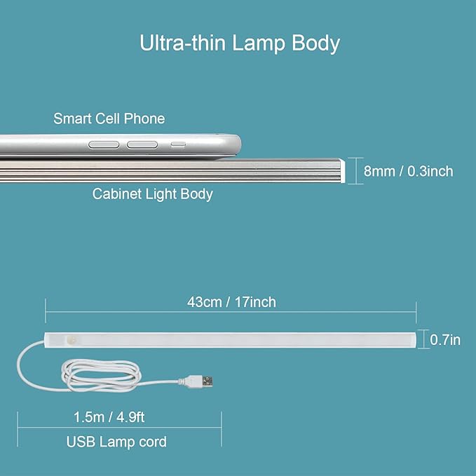 LED Motion Sensor Under Cabinet Lights, 17 inch Plug in Closet Light, USB Corded LED Light Bar, Under Counter Lighting for Kitchen,Wardrobe,Sink,Workspace,Natural White (4000K)