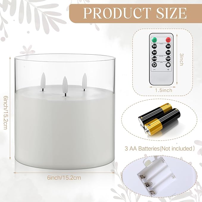 Retisee 6'' x 6'' Extra Large Flameless Candles, 3 Wick Glass Large Candles with Remote Control and Timer Function, Real Wax LED Pillar Flickering for St. Patrick's Spring Party Decor(Clear,1 Pcs)