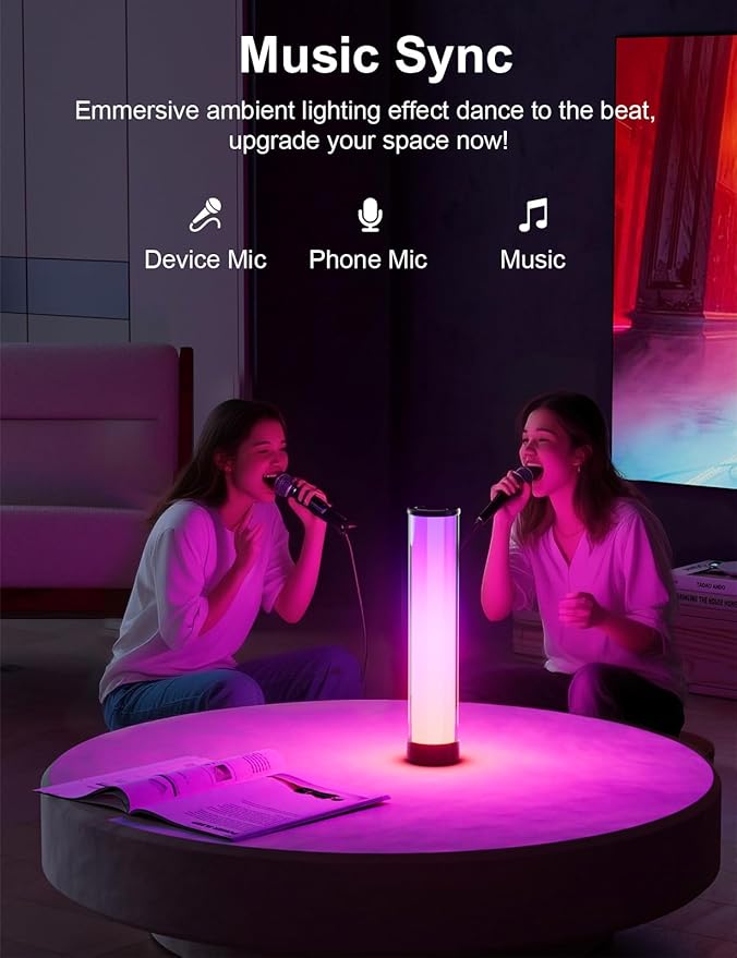 Rechargeable Table Lamp, RGB IC LED Light Bar, 1500 Lumens, APP & Remote Control Bedside Table Lamp with Music Sync, Color Changing Ambient Lighting for Bedside Table Desk Monitor Gaming Black