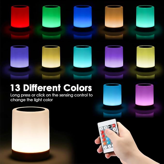 Night Light, Dimmable Touch Lamp for Baby Nursery, 13 RGB Colors 5 Brightness, Portable Rechargeable Bedside Table Lamp for Nightstand, Night Lamp for Kids Office Bedroom Living Room Camping