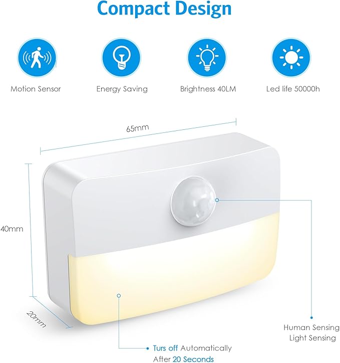 AMIR 12 Pack Motion Sensor Stair Lights for Indoor, Battery-Operated LED Night Light, 40 Lumen 3000K, Cordless Closet Light, Tap Light, Safe Lights for Stairs, Hallway, Bathroom, Cabinet, Kitchen