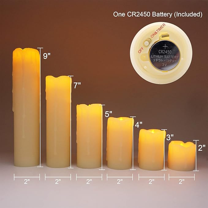 DRomance Flameless Flickering Candles Battery Operated(Battery Included) with 6 Hour Timer, Set of 6 Dripping Wax LED Pillar Candles Halloween Christmas Home Decor(Ivory, 2" D x 2"-9" H)