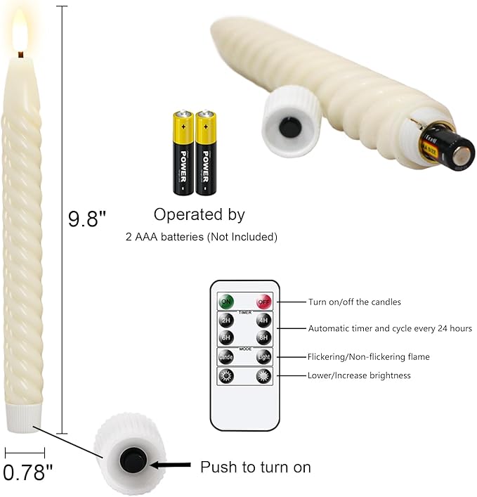 Flameless Taper Candles Flickering with Remote Timer, LED Taper Candles Battery Operated Warm 3D Wick Spiral 6 Pack Real Wax Home Birthday Decor 9.8" Ivory