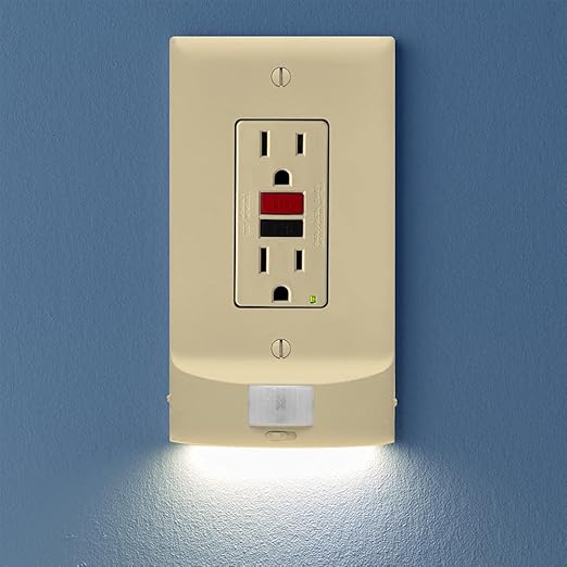 SnapPower 4 Pack MotionLight [for GFCI Outlets] - Motion Detecting LED Night Lights Built-in to Wall Plate - Bright/Dim/Off Options - Auto On/Off Sensor - (GFCI, Ivory)