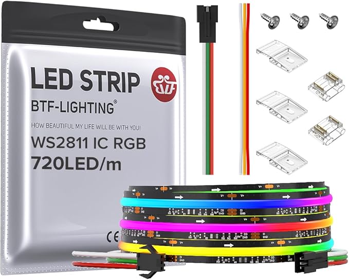 BTF-LIGHTING FCOB WS2811 IC RGB COB LED Strip DC24V 720LED/m 9.8FT Flexible High Density Uniform Chasing Color Light 20IC/m 12mm Width Black PCB for Indoor Decor(No Adapter or Controller)