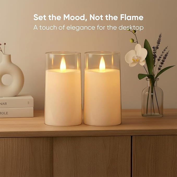 Amagic 3"×5" White Flameless Candles with Remote and Timer, Realistic Flickering Battery Operated Acrylic Led Fake Candles for Home Wedding Party Fall Christmas Decor, Set of 2