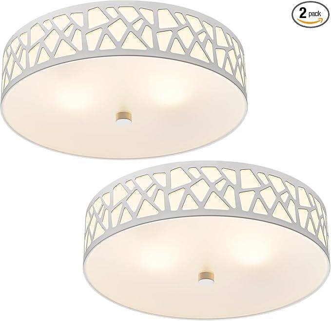 2-Light Flush Mount Ceiling Light, 12 inch Modern Close to Ceiling Light Fixture with White Metal and Frosted Glass Shade for Hallway, Kitchen, Bedroom(2 PK)