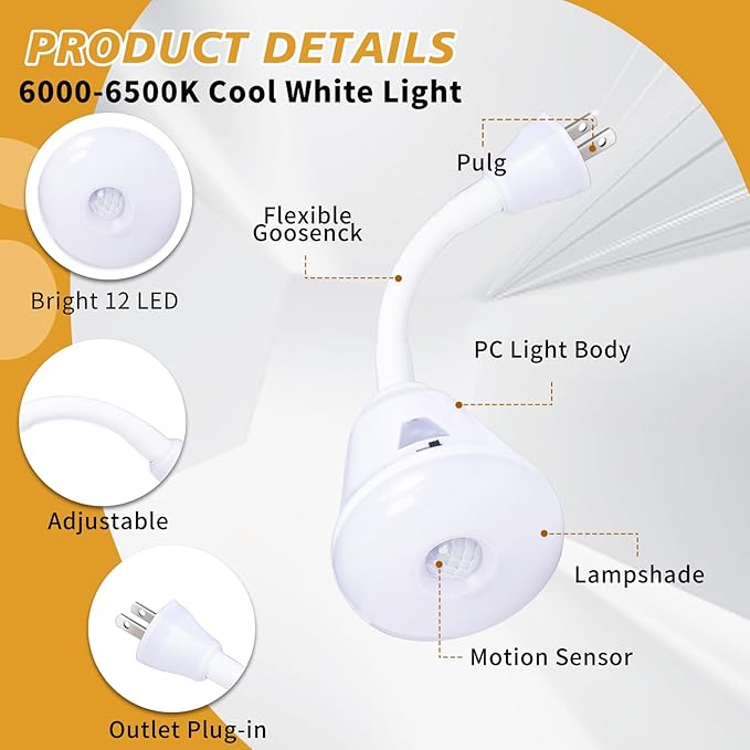 2 Pcs Plug in Motion Sensor Night Light Indoor LED Infrared Motion Detector Night Light for AC Outlet, Dusk to Dawn Sensor, 360° Rotating for Stairs Garage, 6W Cool White Light US Plug