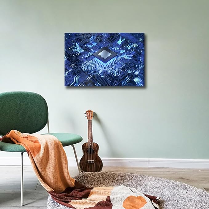 TUMOVO Office Wall Art Circuit Board Canvas Wall Art CPU Concept Contemporary Modern Artwork Computer Chip Pictures Wall Art for Living Room Bedroom House Decorations Framed Ready to Hang - 18x12in