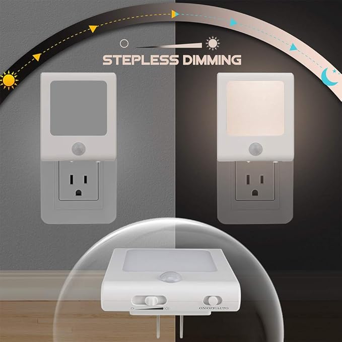 [3Pack] Vintar Motion Sensor Dimmable LED Night Light, Plug-in Nightlight with Auto Dusk to Dawn Sensor, Adjustable Brightness Warm White Lights for Hallway, Kids Room, Kitchen, Stairway, Bathroom