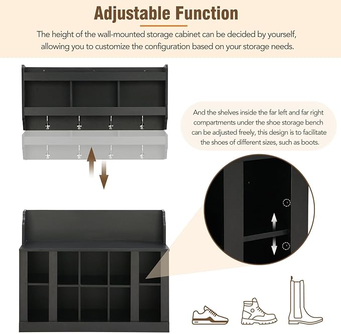 Contemporary Shoe Storage Bench with Wall Mounted Coat Rack, Elegant Hall Tree for Entryway, Mudroom, Black