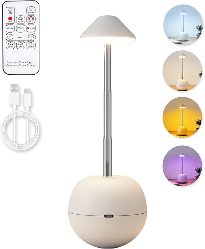 yadoker Small Touch Lamp with Remote, Tumbler Design Cordless Table Lamp, USB Rechargeable Bedside Night Light, Dimmable Mushroom Lamp for Baby Nursery, Bedroom, Patio (White)