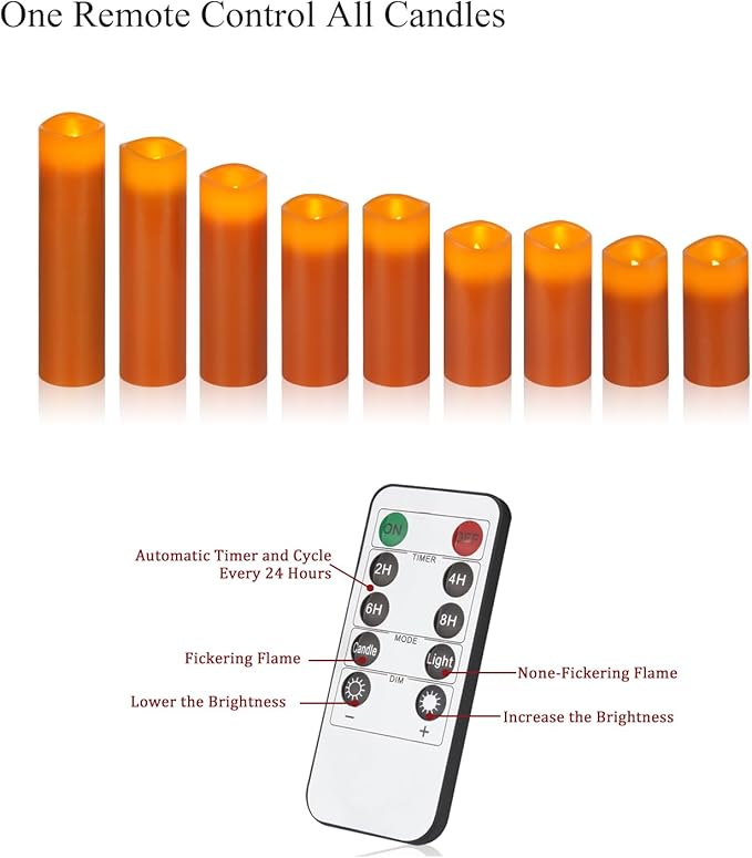 Vinkor Flameless Candles Battery Operated Candles Real Wax Pillar LED Candles with 10-Key Remote and Cycling 24 Hours Timer (Orange Set of 9)