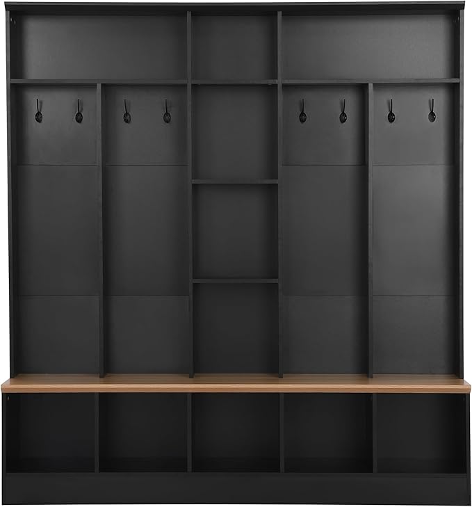 66.9" Wide Hall Tree with Storage Bench, Shoe Cabinet with Cube Storage & Shelves, Coat Rack with 8 Hooks for Entryways