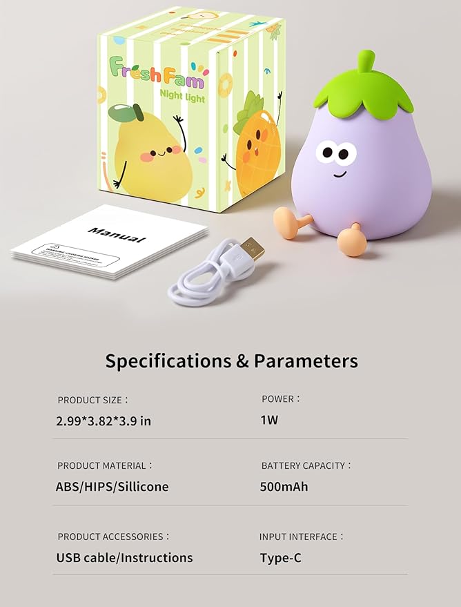 Eggplant Night Light for Kids, Nursery Night Lights, Bedside Touch Lamp, Cute Silicone Nightlight for Baby Boy Girl, 3 Level Dimmable Squishy Lamps Gift for Bedroom Kids Room Decor