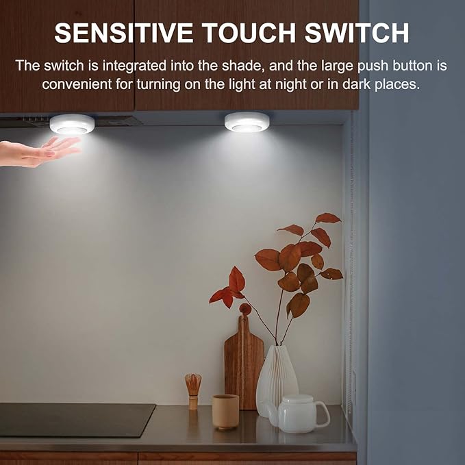 Tap Light 6 Pack Portable LED Puck Touch Night Lights - Battery Operated Under Cabinet Lighting for Kitchen, Closet, Classroom, Indoor & Outdoor