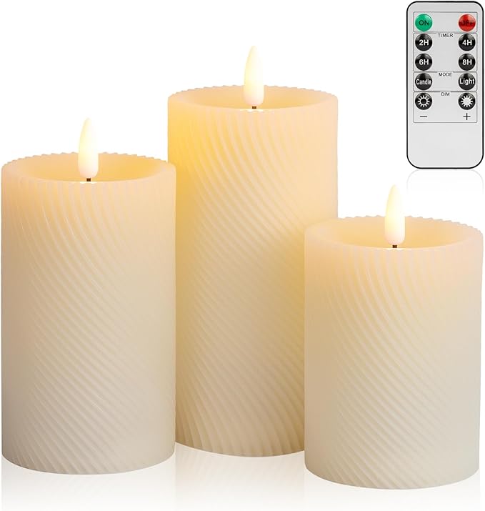 ANGELLOONG Flickering Flameless Candle with Remote, Real Wax Battery Operated Candles with Timer, Set of 3 Fake LED Electric Pillar Candles for Home Party Holiday Christmas Decor, Twill