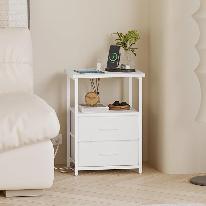 Fixwal White Night Stand with Charging Station, Bedroom Nightstand with Fabric Drawers, Bedside Table with PU Finish