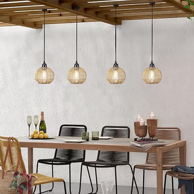 Battery Operated Hanging Pendant Lantern Lights, Outdoor Chandelier Light with Warm White LED Bulb, Handwoven Seagrass Ball Shade, Brightness Timer Adjustable for Patio Tree Pergola Gazebo Porch-2Pack