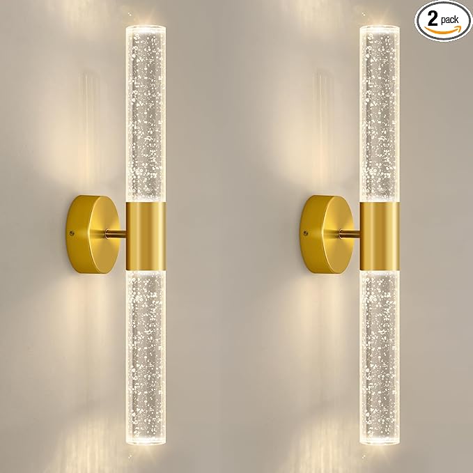 Gold Wall Sconces Set of 2 LED Modern Sconces Dining Room Wall Lighting 10W 3000K LED Wall Lights Crystal Hardwired Wall Light Fixtures for Living Room Bedroom Bathroom Hallway
