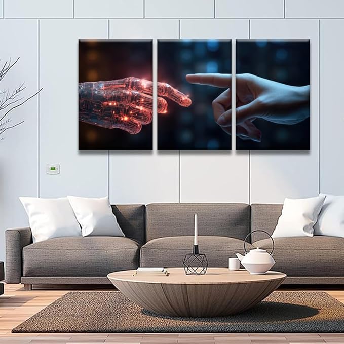 LSIUHWUWI Wall Art Painting Artificial Intelligence,The Human Finger touches the Robot's Finger Pictures Print on Canvas 3 Panel Canvas Wall Art Framed Ready to Hang 16x24inchx3