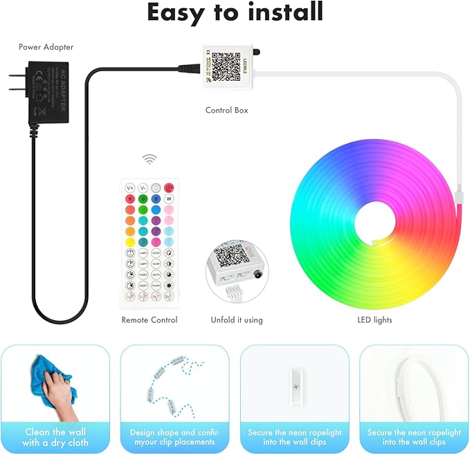 Neon Rope Lights,32.8FT RGB LED Strip Lights, App Control, IR Remote, Music Syncing, Outdoor IP67 Waterproof, Flexible Strip Cuttable for BedHead,Underbed,Ceiling