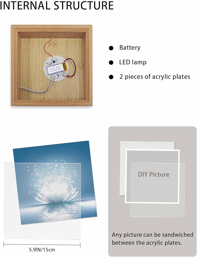 Wood Night Light Box 6.5x6.5in,Meditation Lotus Flower Table Lights Wooden Picture Frame with USB Rechargeable Touch LED Lights for Home Decor Desktop Display,Asian Zen Spiritual