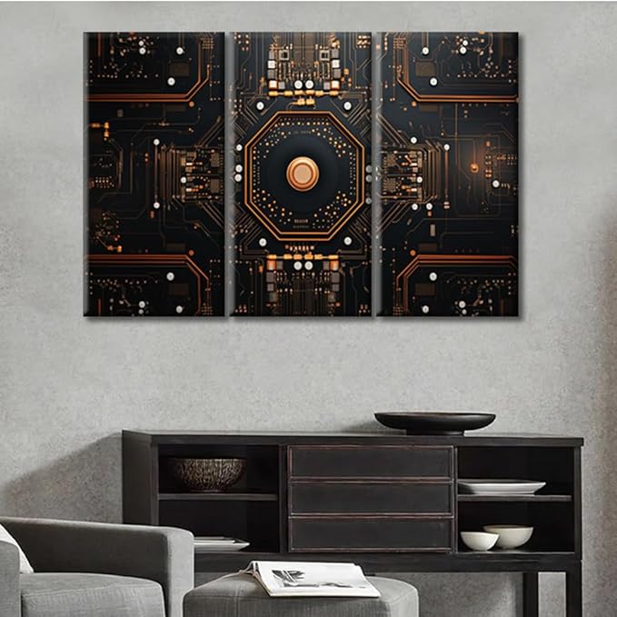 3 Panels Canvas Prints Circuit Board Pictures Wall Art Modern Home Decor Motherboard Digital Chip Poster Living Room Chip Bedroom Decoration Artwork Painting Framed Ready to Hang (36"Wx24"H)