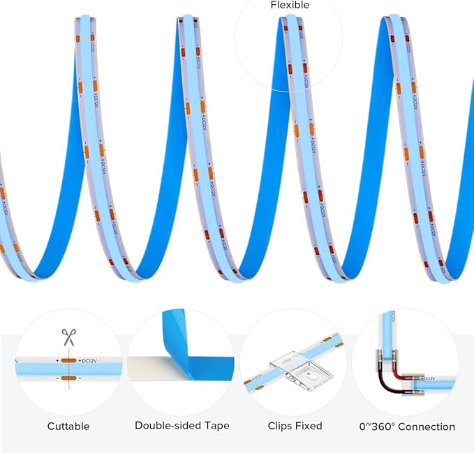 COB Blue LED Strip Light 16.4FT 12V Flexible High Density Uniform Bright 480LEDs/m Strips CRI90+ 8MM Width Dimmable COB LED Tape for Cabinet Kitchen Indoor Decor, No Adapter/Controller